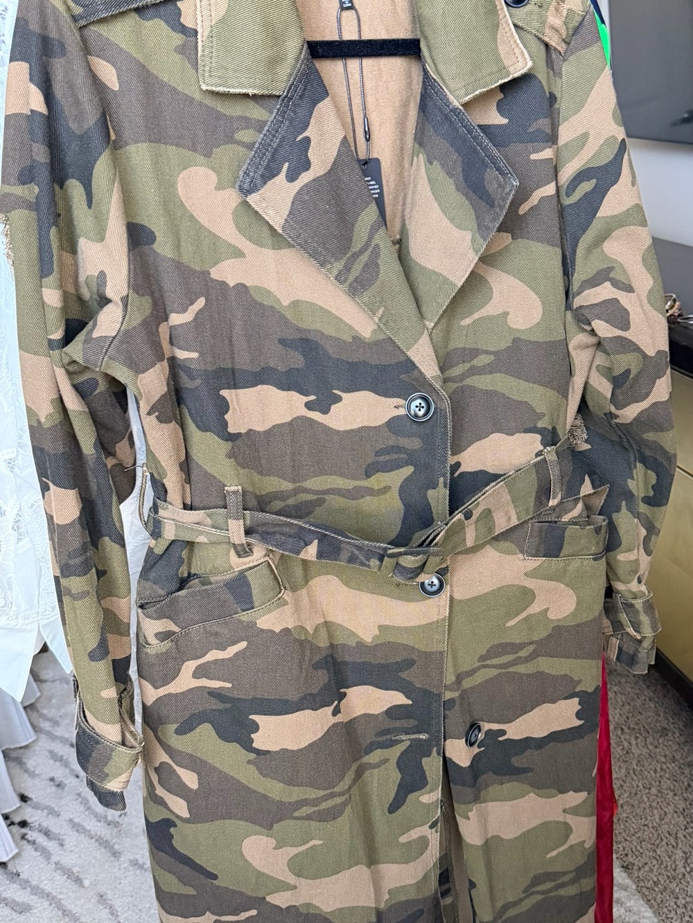 Fashion Nova Camouflage Trench Coat in Green and Tan